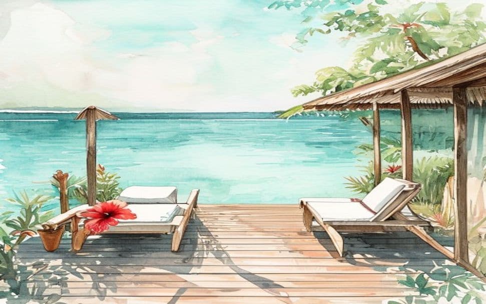 Overwater bungalow deck at hazy noon, two loungers, red hibiscus. (Warm watercolor)